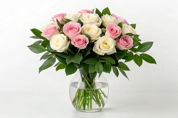Obraz premium Bouquet of white and pink roses in a glass vase
