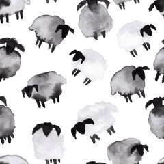 seamless pattern of watercolor sheep illustration on white background, hand painted elements
