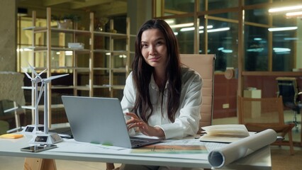 Asian woman business worker in office thoughtful businesswoman brainstorm think Japanese Chinese Korean girl manager designer architect female planning engineering project working laptop think doubt