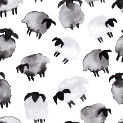 seamless pattern of watercolor sheep illustration on white background, hand painted elements