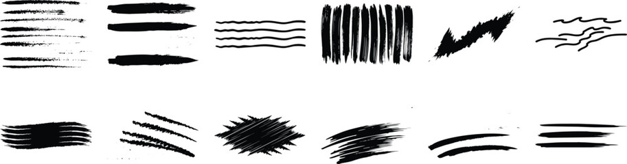 A captivating collection of black ink brush strokes, lines, and textures, perfect for graphic design projects isolated on transparent background
