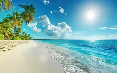 Paradise beach view with blue sky, ocean, white sand and swaying palm trees