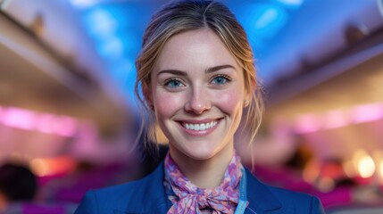 Smiling flight attendant in airplane cabin with vibrant lighting