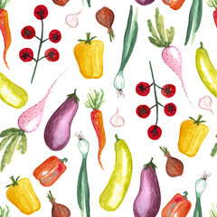 seamless pattern of watercolor vegetable elements on white background. Different vegetables hand painted illustration. Pepper, eggplant, beet, cherry tomatoes, garlic, carrots, onions, zucchini, basil