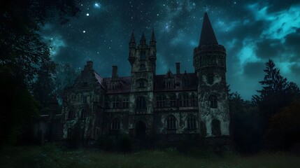 Mysterious Castle at Night Under Starry Sky