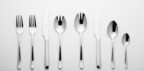Modern Cutlery Set: Elegant stainless steel cutlery set with black accents, arranged neatly on a neutral background, showcasing a contemporary design aesthetic.