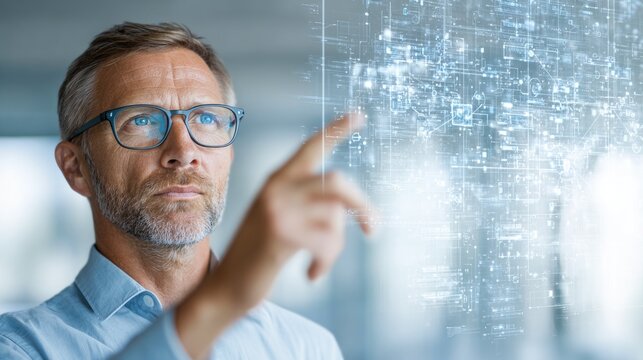 Mature man using futuristic digital interface