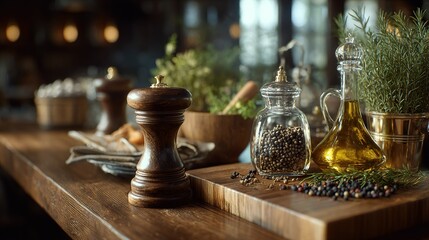 Rustic wooden pepper mill glass jar with peppercorns and olive oil bottle with rosemary sprigs