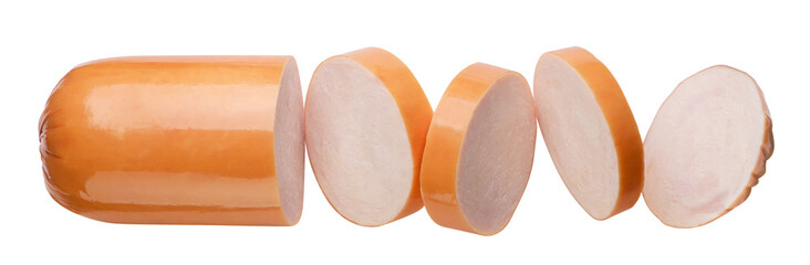 Boiled sausage cut into pieces close-up on a white. Isolated