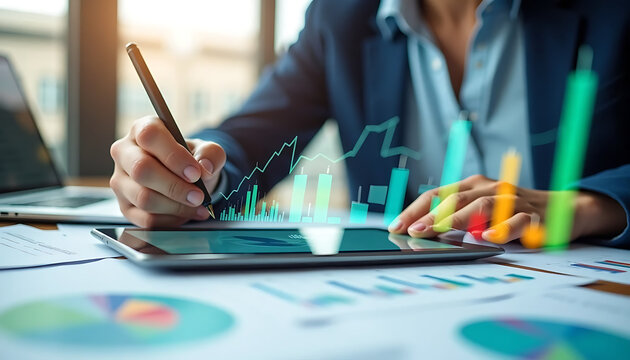 businessman working on digital tablet | Professional Financial Analysis Using Digital Technology in Modern Office Environment - Powered by Adobe