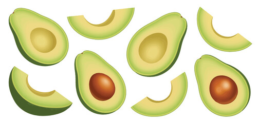 Fresh avocado halves and slices isolated on white background healthy food