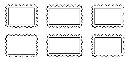 Six blank rectangular postage stamp frames with perforated edges on white background