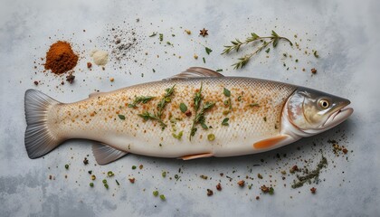 Fresh Trout Fillet with Spices and Herbs on Elegant Gray Background

