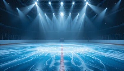 Empty Illuminated Ice Rink with Snow Mist Creating Dramatic Winter Sports Scene