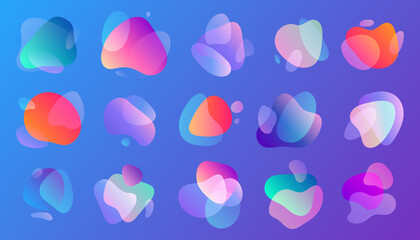Set of soft gradient neon liquid shape. Fluid neon mesh design. Flat vector illustrations for web-cite, design, isolated on a dark background.