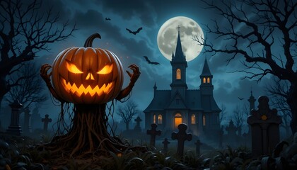 Pumpkin Zombie Rising from Graveyard with Church Bats and Full Moon Night