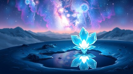 A pixel art scene of a single, glowing white-blue glacier flower with crystal petals, growing beside a small, frozen puddle on a mountain peak.