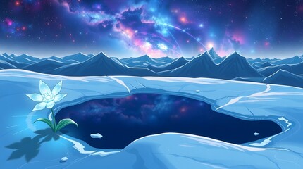 A pixel art scene of a single, glowing white-blue glacier flower with crystal petals, growing beside a small, frozen puddle on a mountain peak.