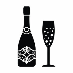 Champagne Bottle and Glass silhouette vector illustration