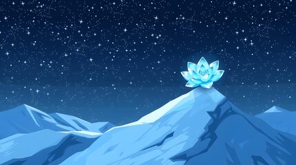 A pixel art scene of a single, perfectly formed white-blue glacier flower centered on a snowy mountain peak. The background is a dark, cold night sky filled with a thousand twinkling pixel-art stars.