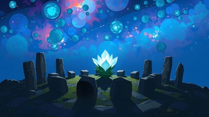 A pixel art scene where a single, luminous white-blue glacier flower grows in the center of a ring of ancient, dark stones on a mountain summit.