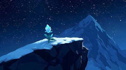 A pixel art scene depicting a single, small white-blue glacier flower growing from a patch of snow on a dark, rocky mountain ledge.
