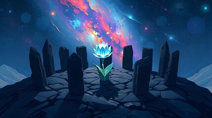 A pixel art scene where a single, luminous white-blue glacier flower grows in the center of a ring of ancient, dark stones on a mountain summit.