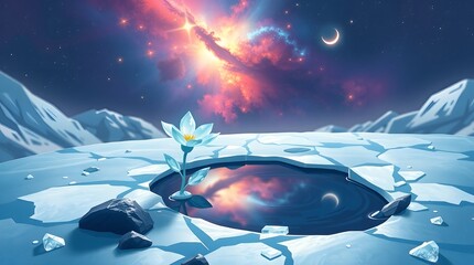 A pixel art scene of a single, glowing white-blue glacier flower with crystal petals, growing beside a small, frozen puddle on a mountain peak.