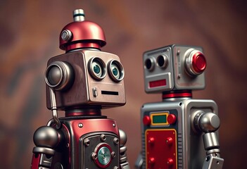 Fototapeta premium Retro tin robot toy, vintage style, metallic finish, nostalgia, machine