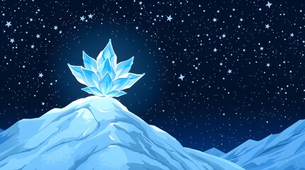 A pixel art scene of a single, perfectly formed white-blue glacier flower centered on a snowy mountain peak. The background is a dark, cold night sky filled with a thousand twinkling pixel-art stars.