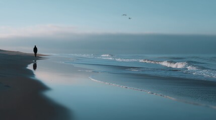Fototapeta premium Solitary figure walking along a tranquil beach at dawn with gentle waves lapping at the shore