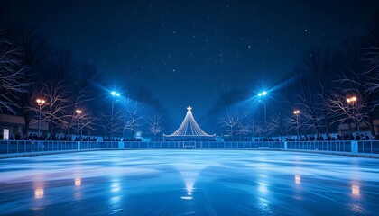 Magical Night Ice Rink Winter Background with Sparkling Blue Festive Lights