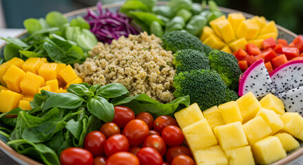 Platter of vibrant colorful healthy foods including diced fruits veggies grains and greens arranged artistically