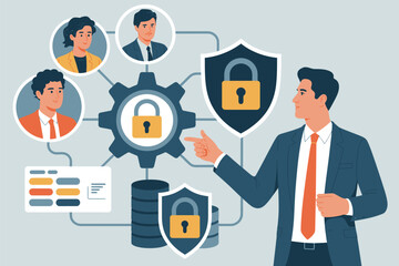 Businessman explaining data security and network protection with digital icons