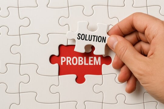 Problem Solved: A hand places the final puzzle piece labeled "Solution," completing a jigsaw puzzle with the word "Problem", symbolizing finding a resolution.