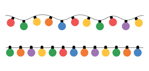 Festive string lights with colorful round bulbs on a white background