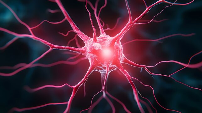The image shows a detailed close-up of a neuron, its soma glowing red, and numerous dendrites extending outward.
