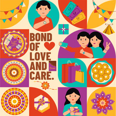 Creative flat trendy minimal style background design with gifts, sweets, oil lamp, and Rakhi vector illustration. Happy Raksha Bandhan indian festival celebration.