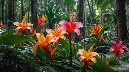 A vibrant display of tropical flowers with lush green foliage in a dense jungle setting outdoors