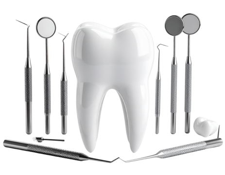 Tooth Model Holder with Scattered Dental Instruments on White Surface, Isolated on Transparent Background”