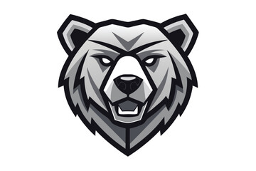 Gray bear head with a fierce expression outlined in black on white shows power