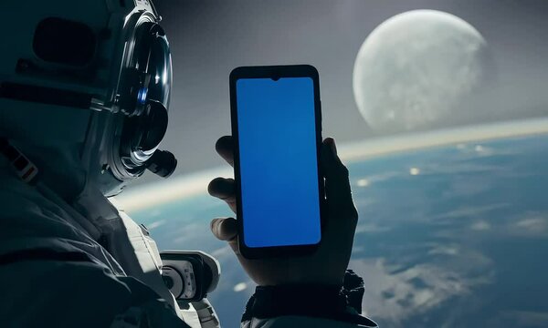 Astronaut floating in space, holding a smartphone as if using satellite connectivity from orbit. Represents the new era of direct-to-smartphone satellite communication and futuristic mobile technology
