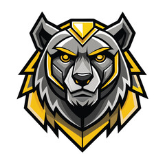 Grey bear head glares intensely, adorned with gold geometric armor, displaying bold animal concept