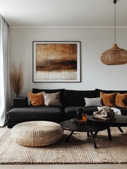 Bohemian style interior design of a modern living room, featuring a black sofa as the centerpiece, Generative AI