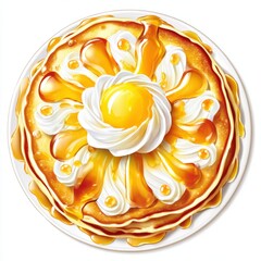 Stack of Pancakes Topped with Whipped Cream and Maple Syrup on White Plate