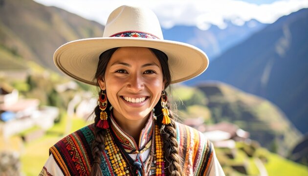 Portrait of a smiling indigenous quechua woman wearing traditional andean clothing and hat in the mountains