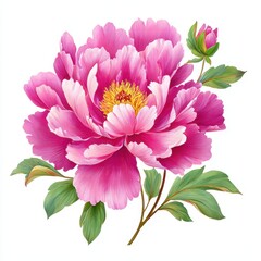 Obraz premium Elegant Pink Peony Flower with Bud and Green Leaves on White Background