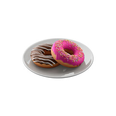 Two delectable donuts rest side-by-side on a glossy white plate