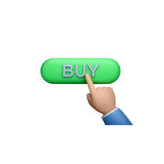 A cartoon hand with a blue cuff touches a vibrant green button, which reads "BUY" in white letters
