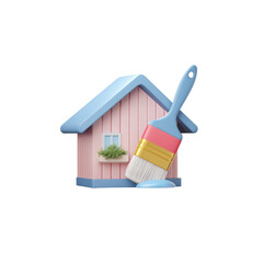 A cartoon-styled image of a house being painted with a brush